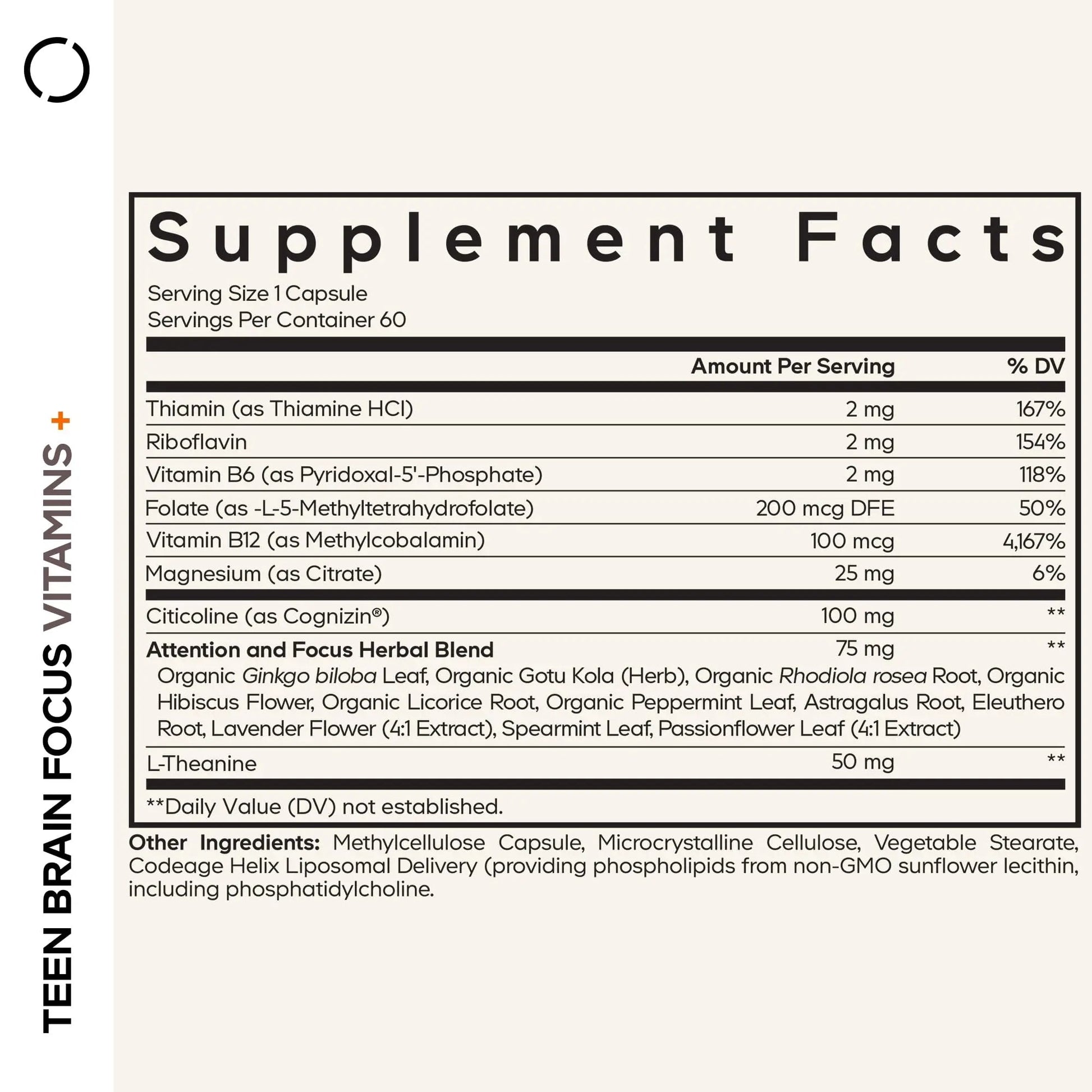 Codeage Teen Brain Focus Vitamins+ Citicoline Cognizin, L-Theanine, Ginkgo, Rhodiola, Lavender, Magnesium, Vitamin B6, B12, Folate Codeage