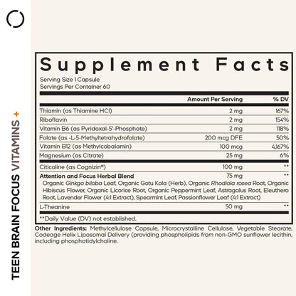 Codeage Teen Brain Focus Vitamins+ Citicoline Cognizin, L-Theanine, Ginkgo, Rhodiola, Lavender, Magnesium, Vitamin B6, B12, Folate Codeage