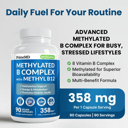 Methylated B Complex with Methylfolate and B12 Methylcobalamin 1000 mcg - Methylated Multivitamin for Energy, Brain Function, and Wellness - Vitamin B Complex for Men & Women