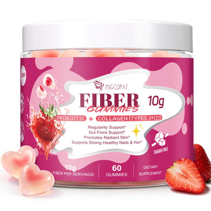Migcopat 10G Fiber Gummies with Collagen Peptides, Hyaluronic Acid, Vitamin C, ACV, 30 Billion CFU Probiotics – Sugar Free Collagen Gummy for Skin, Hair & Nails
