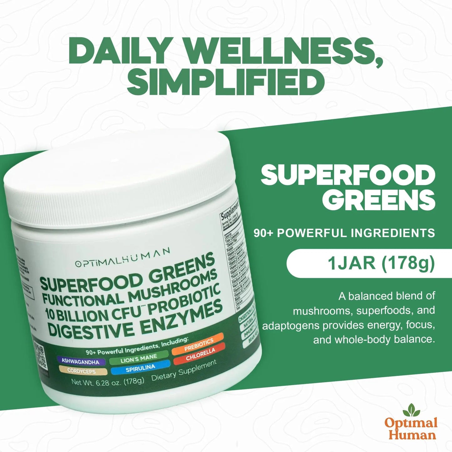 Optimal Human Superfood Greens Powder – 90+ Ingredient Blend with Lion’s Mane Supplement, Ashwagandha & Turmeric O H
