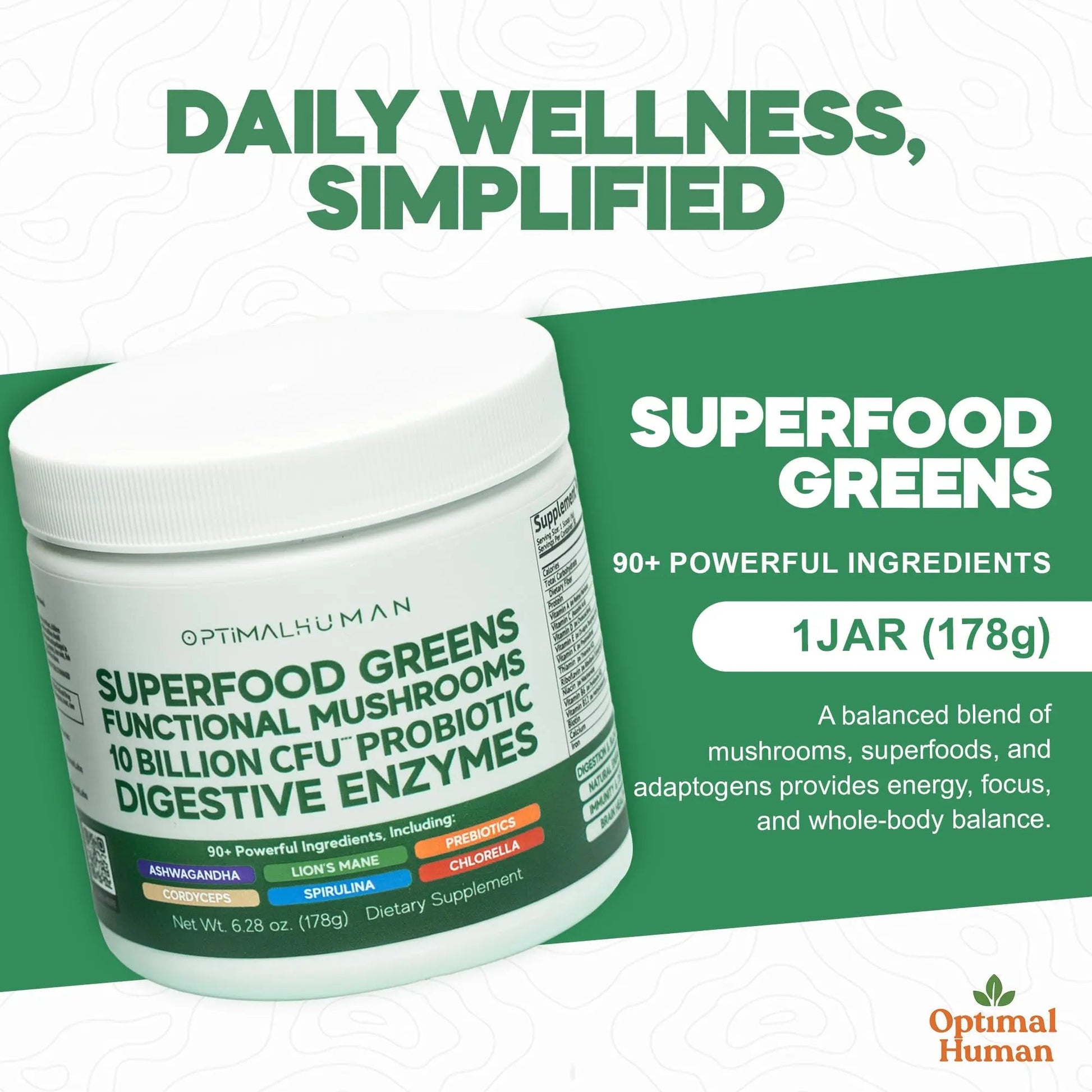Optimal Human Superfood Greens Powder – 90+ Ingredient Blend with Lion’s Mane Supplement, Ashwagandha & Turmeric O H
