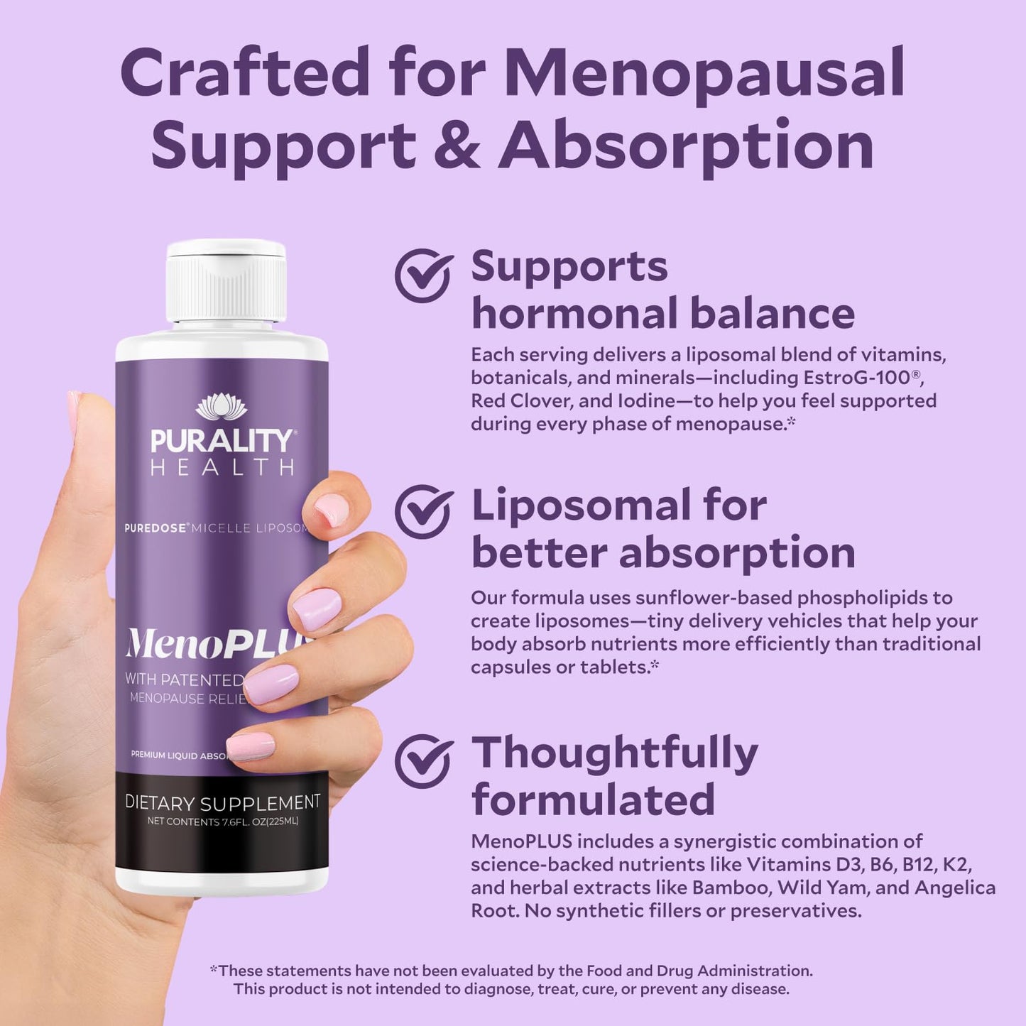 PURALITY HEALTH MenoPLUS Liposomal Menopause Supplement for Women | EstroG-100®, Vitamins D3, B6, B12 & K2 | Iodine | Hormonal Balance & Mood Support PURALITY HEALTHBuy Supplements Australia