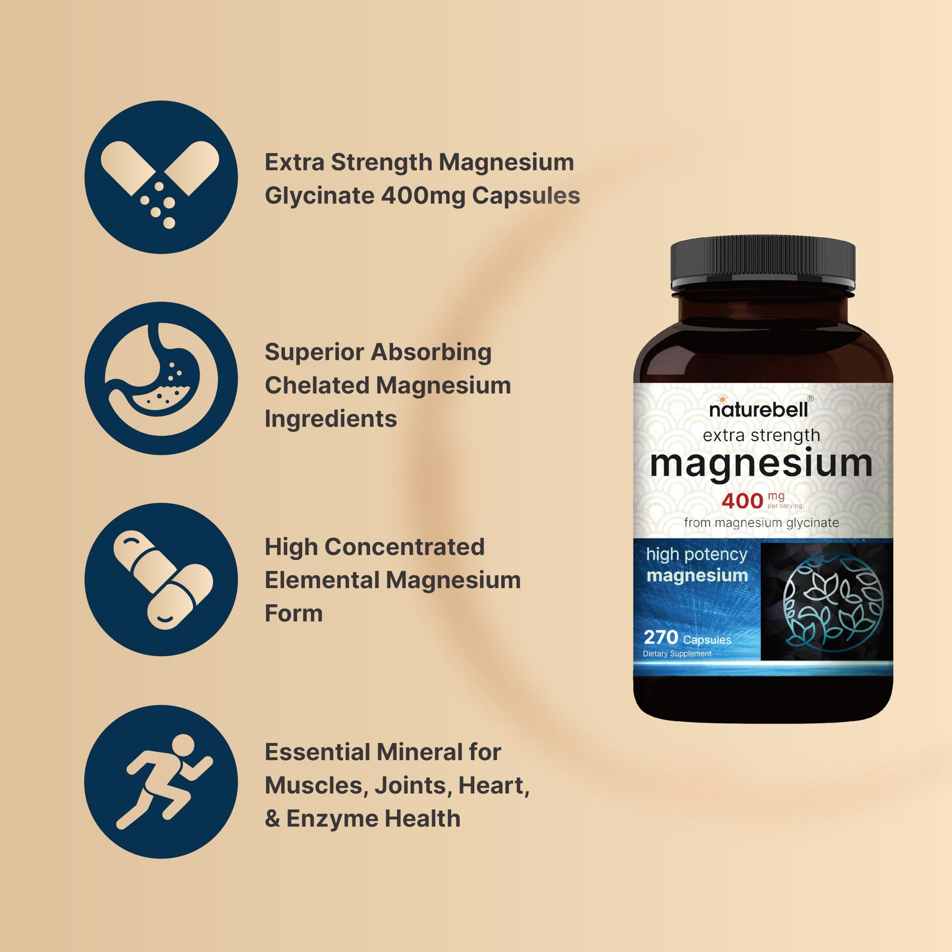 NatureBell Magnesium Glycinate 400mg Elemental, 270 Capsules | 100% Chelated for High Absorption | Supports Muscle, Bone & Heart Health | Non-GMO, Gluten-Free, Vegan NatureBellBuy Supplements Australia