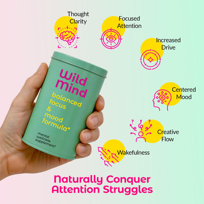 Wild Mind Mental Clarity Balanced Focus & Mood Support Supplement for Mental Wellness– 4-Ingredient Nootropic Brain Support for Calm & Energy – Vegan, 90 Capsules, 30-Day Supply Wild MindBuy Supplements Australia