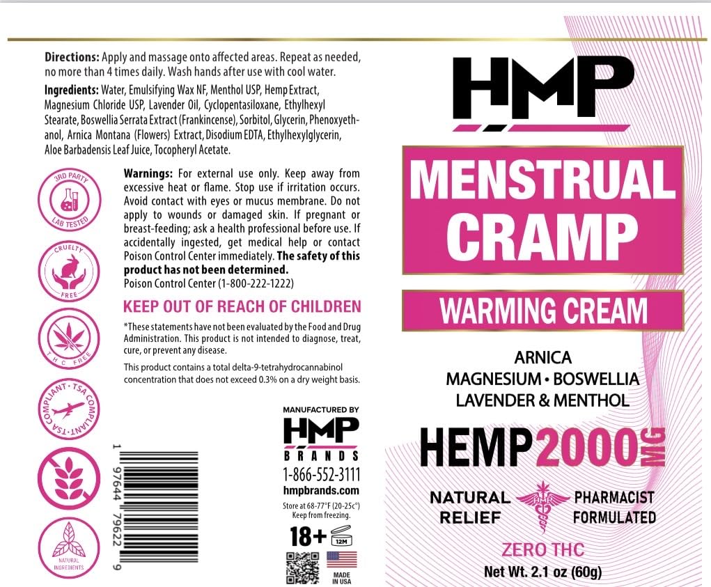 HMP BRANDS Menstrual Cramp Hemp Cream 2000MG with Menthol, Easy to Use, Natural Formula Made in USA 2.1oz HMP BRANDSBuy Supplements Australia