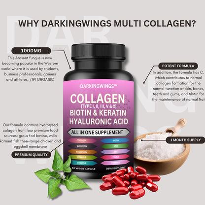 Multi Collagen Pills Peptides Types I, II, III, V & X MCG Biotin Keratin Hyaluronic Acid MSM Vitamin C Zinc Magnesium with Grape Seed Extract, Quercetin - Hair Skin and Nails Vitamins Capsule DarkingwingsBuy Supplements Australia
