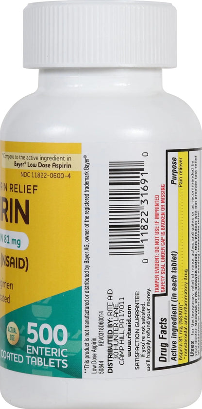 Rite Aid Aspirin Enteric Tablets - 81 mg Aspirin - 500 Count - Low-Dose for Headache Relief - Safety Coated - Aspirin Regimen - Migraine Medicine - Pain Relief Rite AidBuy Supplements Australia