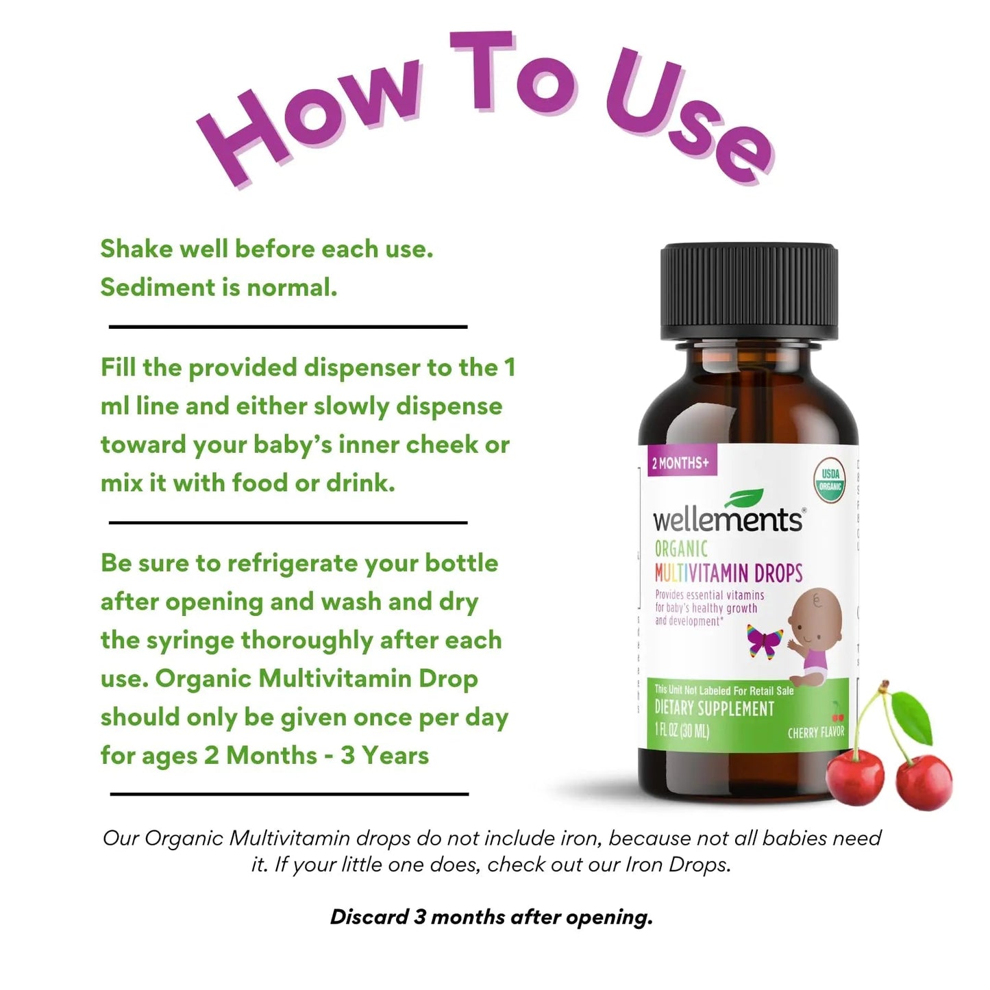 Wellements Organic Baby Multivitamin Drops (1 Fl Oz) - Cherry Flavor Liquid Multivitamins for Infants & Toddlers (2 Months+) WellementsBuy Supplements Australia