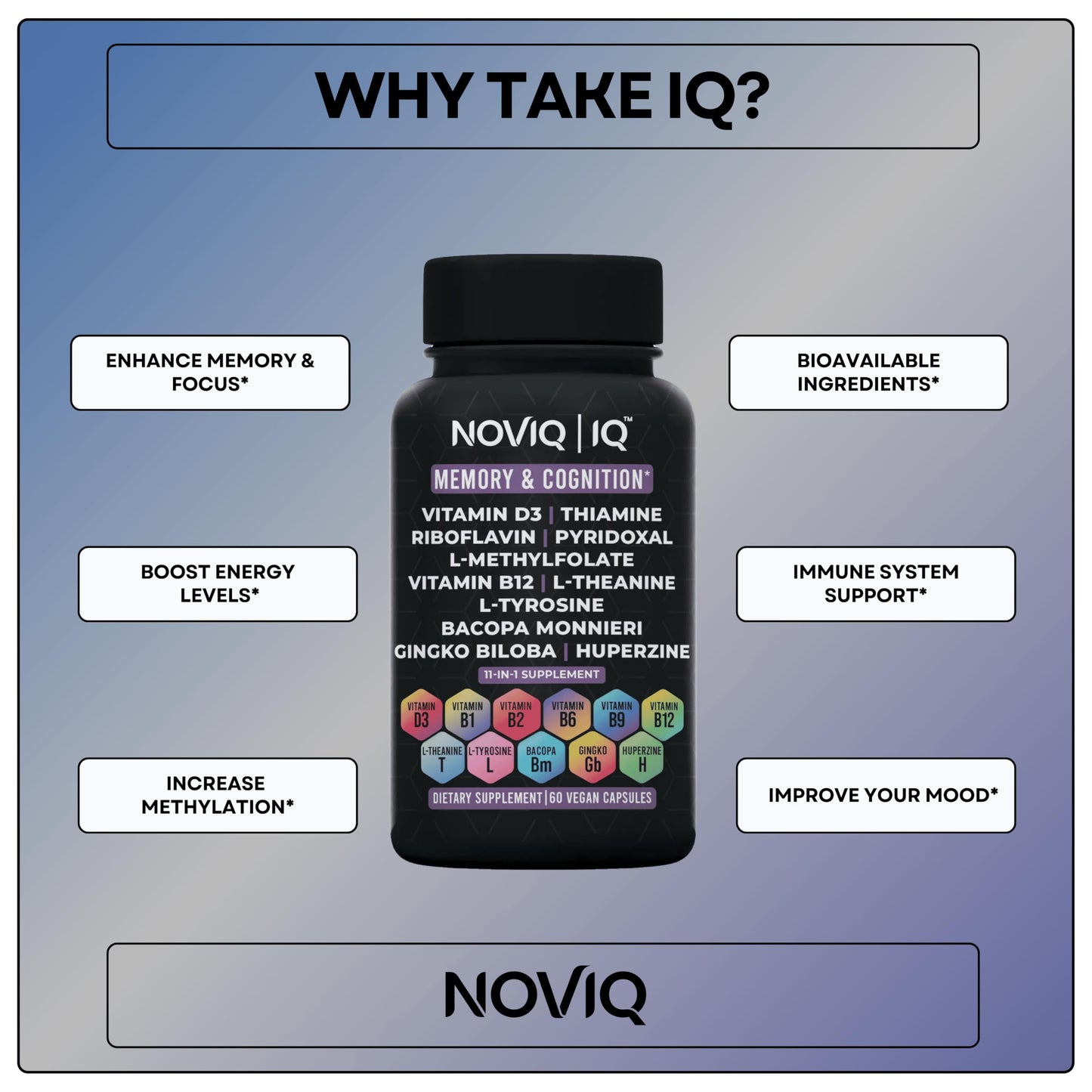 11-in-1 Supplement: Supports Memory & Cognition - 100mg Ginkgo 150mg Bacopa 300mcg Huperzine 200mg L-Theanine 150mg L-Tyrosine & Bioactive B-Complex