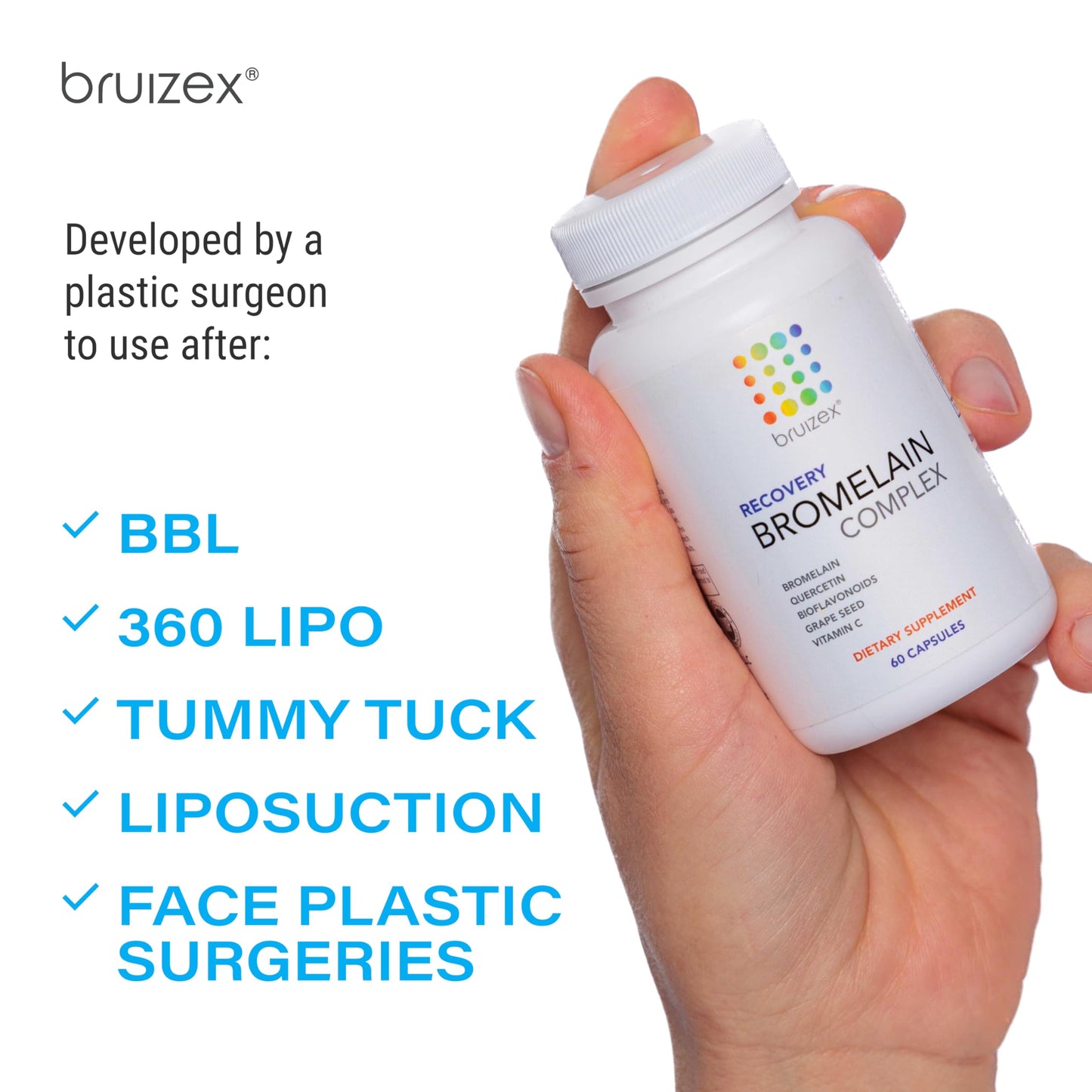 Bruizex Bromelain & Quercetin Recovery Complex - Post Surgery Recovery Bruising, Swelling Relief, Lymphatic Drainage - Post 360 lipo, BBL, Liposuction, Tummy Tuck - Non GMO - 60 Capsules BruizexBuy Supplements Australia