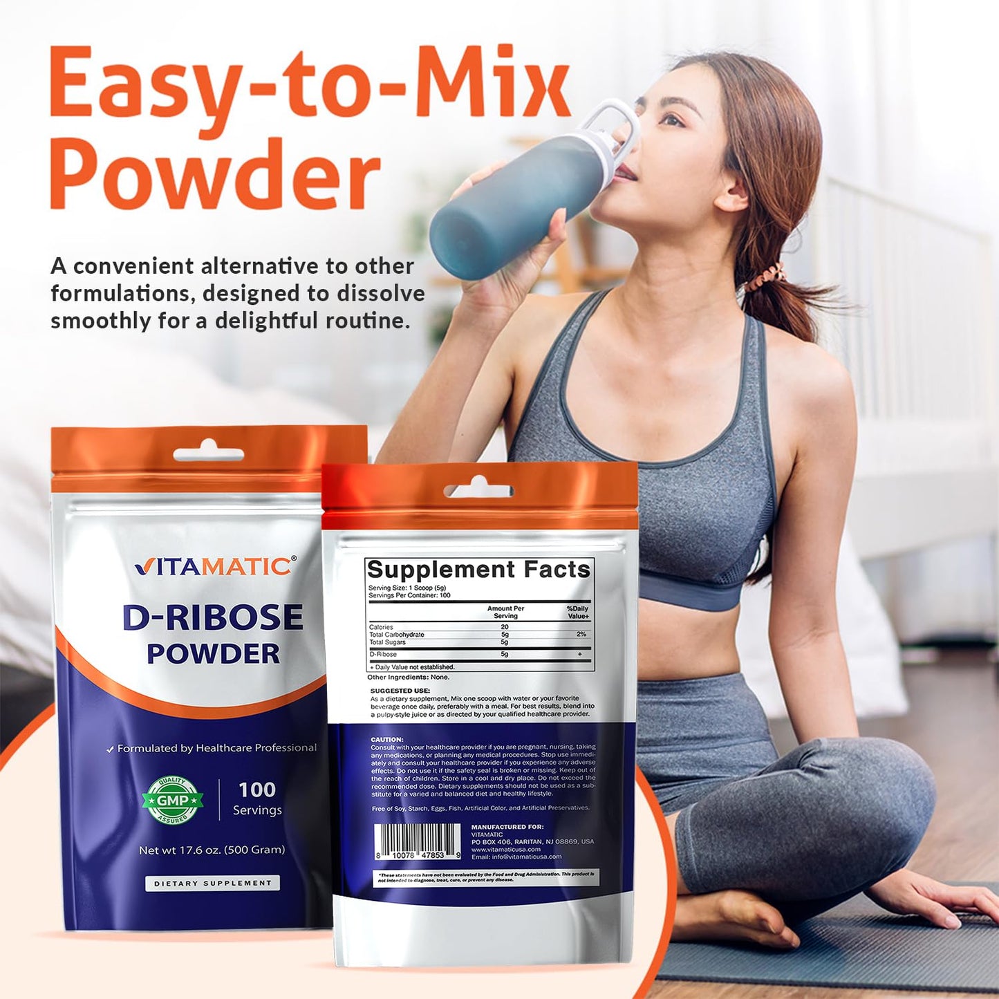 Vitamatic D-Ribose Powder 500g - 17.6 OZ (500 Gram) | Pure & Unflavored | Non-GMO | Easy-Mix Dietary Supplement VitamaticBuy Supplements Australia