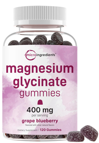 Magnesium Glycinate Gummies 400mg Per Serving, 120 Count | Natural Grape Blueberry Flavor | Potent Elemental Form + Chelated for High Absorption | Healthy Muscle, Bones, & Mood Support Supplement Micro IngredientsBuy Supplements Australia