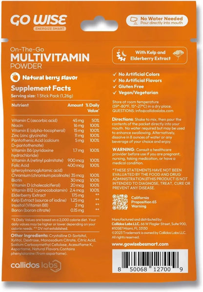 Go Wise On The Go Multivitamin Powder, 14 Vegan Daily Vitamin Packets for Men & Women, Natural Berry Flavor Go Wise
