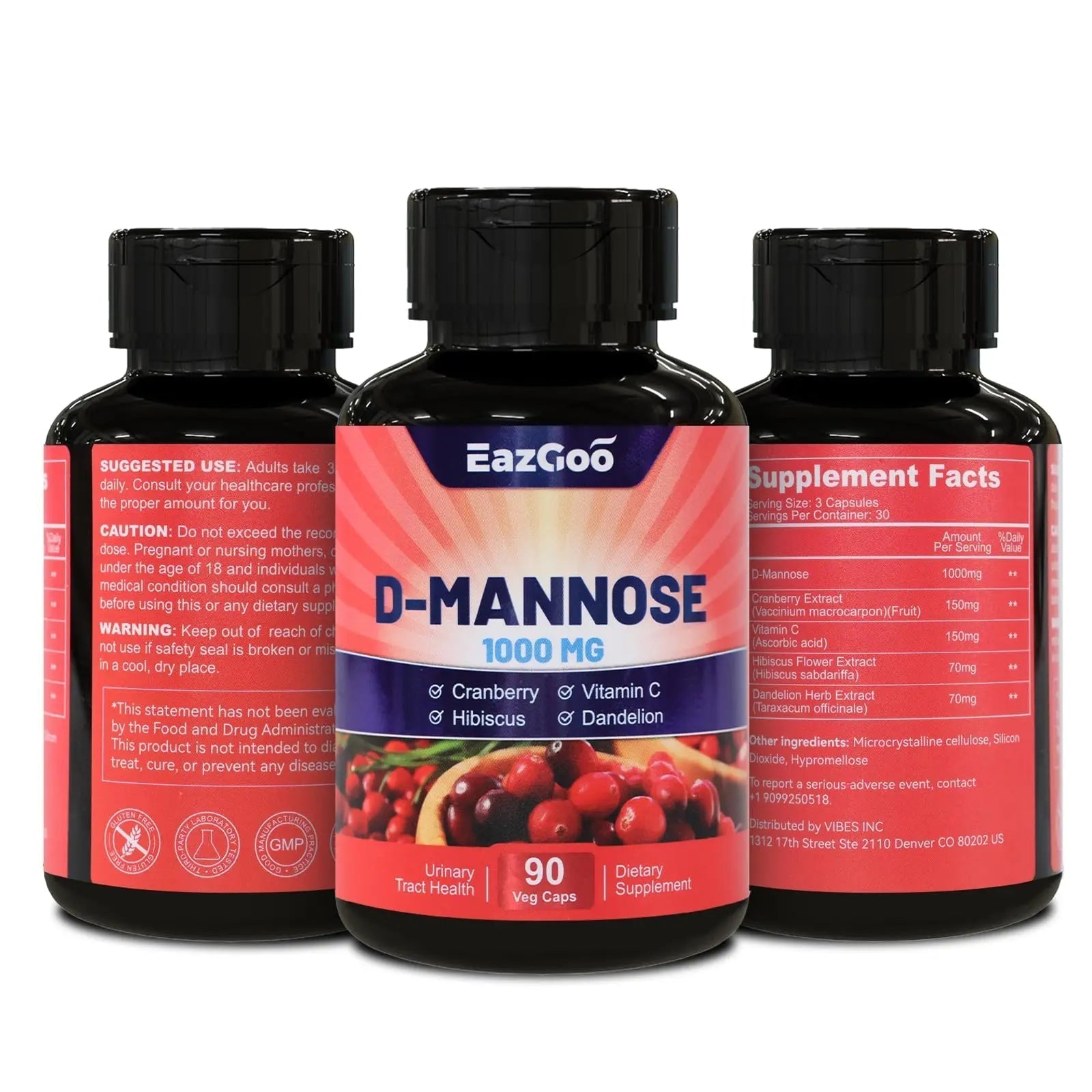 EAZGOO D-Mannose Supplement – 1000mg Capsules with Cranberry, Vitamin C, Hibiscus & Dandelion Extract, Support Urinary Health, D Mannose & Cranberry Capsules, 90 Count(Pack of 2) EAZGOOBuy Supplements Australia