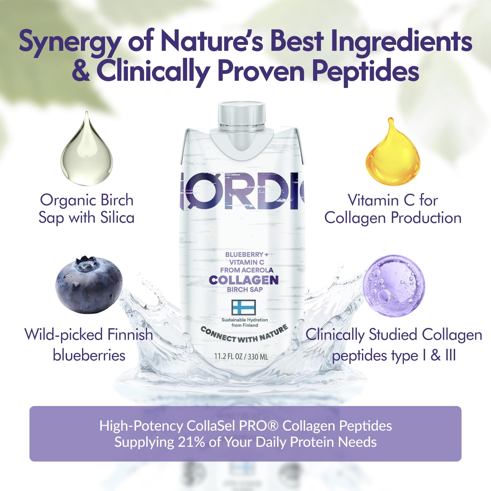 Nordic Liquid Collagen Peptide Drink, Organic Birch Sap, Wild blueberry + Vitamin C, Made in Finland - 10g Clinically Studied Grass Fed Collagen Peptides for Skin Hair Nails & Joint Support, with Silica, BPA-Free Beverage (12 Pack) Nordic Tree WaterBuy Supplements Australia