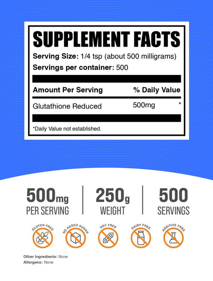 BulkSupplements.com Glutathione Reduced Powder - Glutathione Supplement, Reduced Glutathione Powder - Glutathione 500mg, Gluten Free, 500mg per Serving, 250g (8.8 oz) (Pack of 1) BulkSupplementsBuy Supplements Australia