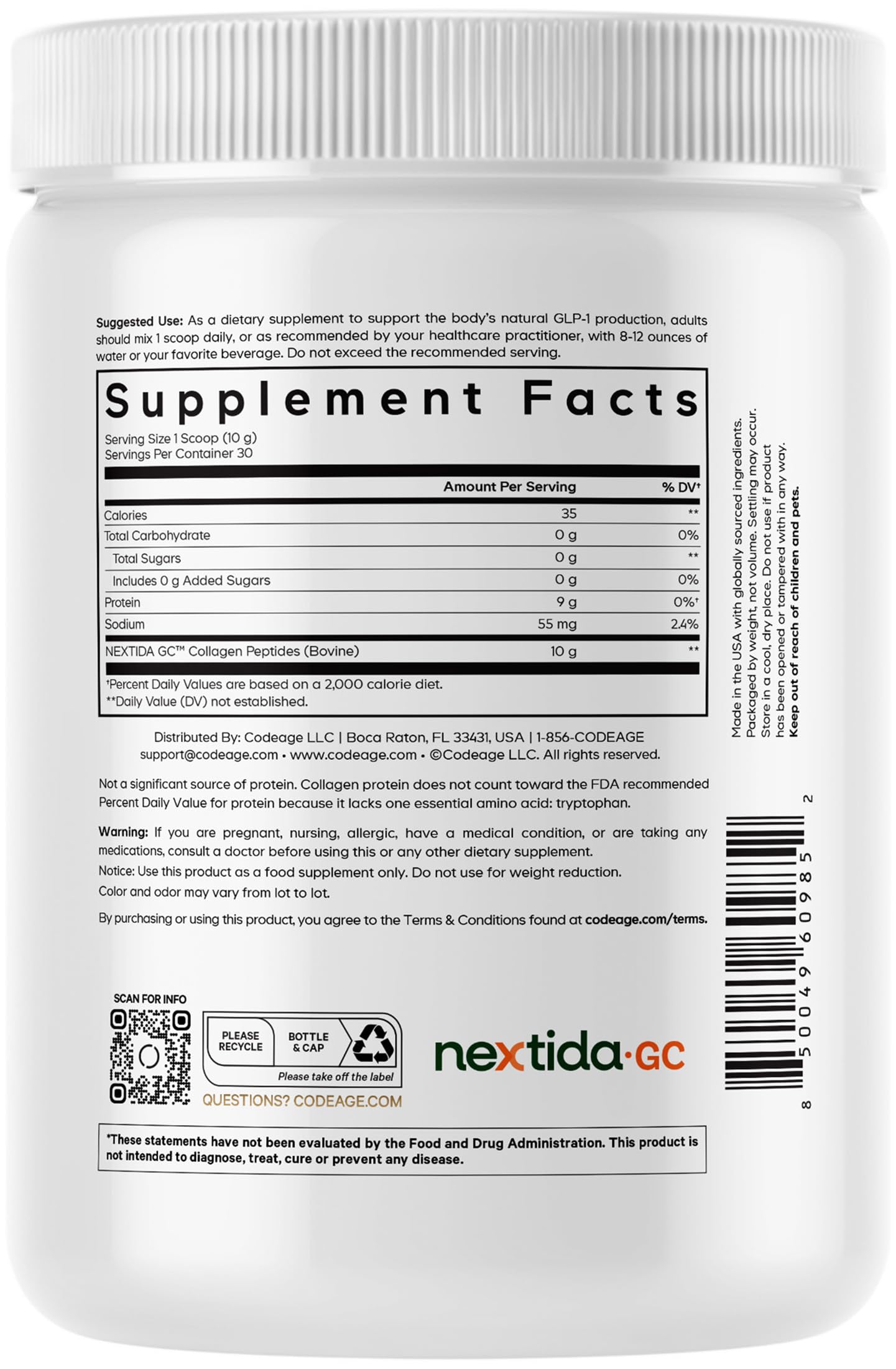 Codeage GLP-1 Collagen Powder Supplement - Nextida GC Collagen Peptides - GLP 1 Support - Hydrolyzed, Grass-Fed, Type I & III, Unflavored - Non-GMO, Gluten-Free, Dairy-Free - 10.58 Oz CodeageBuy Supplements Australia