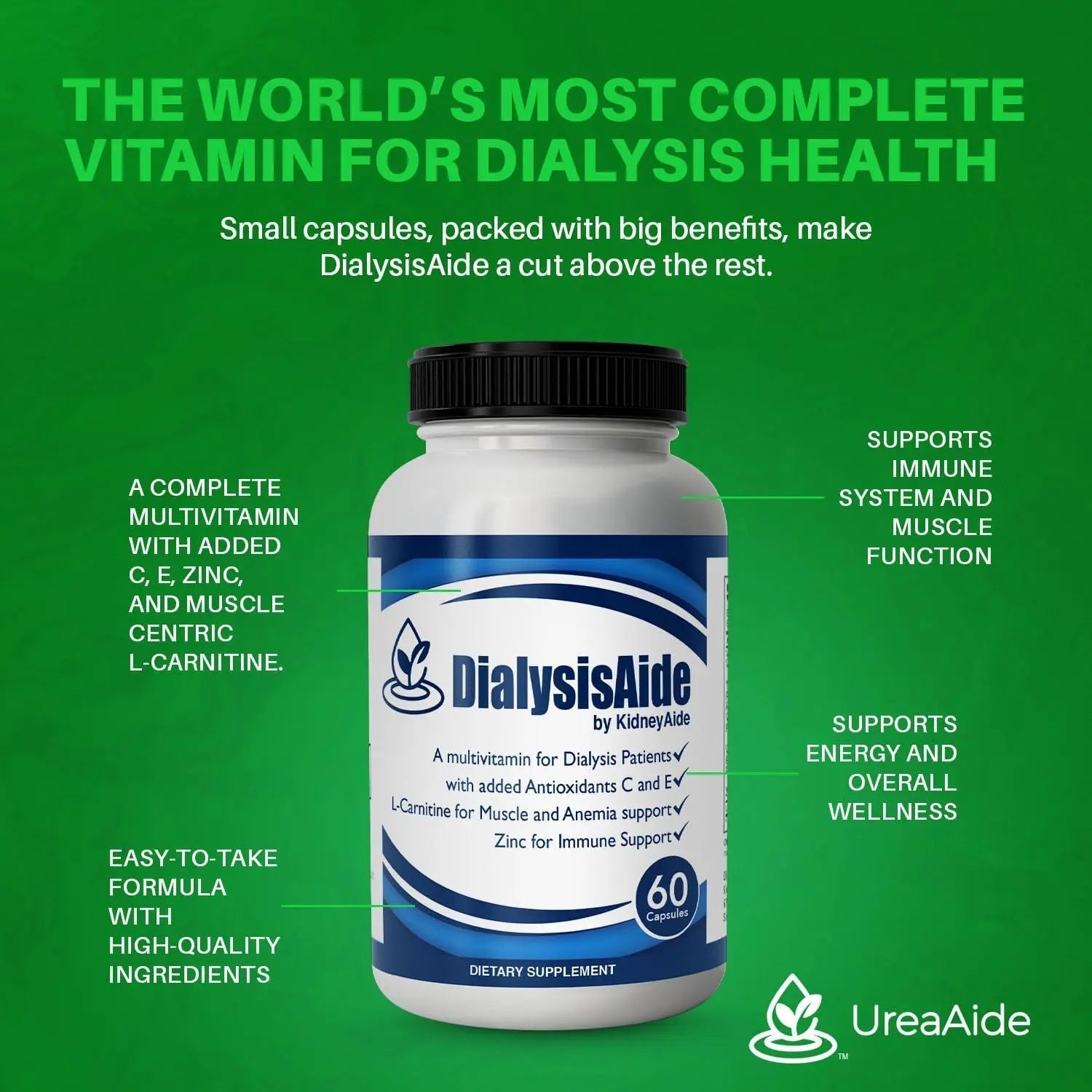 Renal Replacement Therapy Complete Multi Vitamin - 60 Capsules, 30 Day Supply, B-Complex, Antioxidant Vitamin C& E, L-Carnitine & Zinc Immune, Skin, Red Cell KidneyAideBuy Supplements Australia
