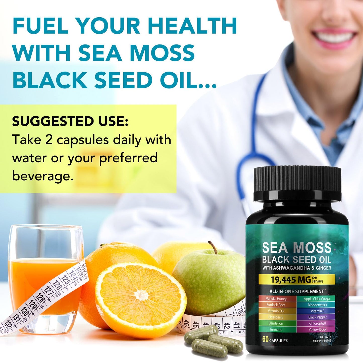Sea Moss Black Seed Oil Ashwagandha Ginger Capsules, Seamoss Capsules Supplement with Bladderwrack Burdock & Vitamin C Vitamin D3 for Women & Men-Enhanced Immunity,60 Counts VceeoyBuy Supplements Australia