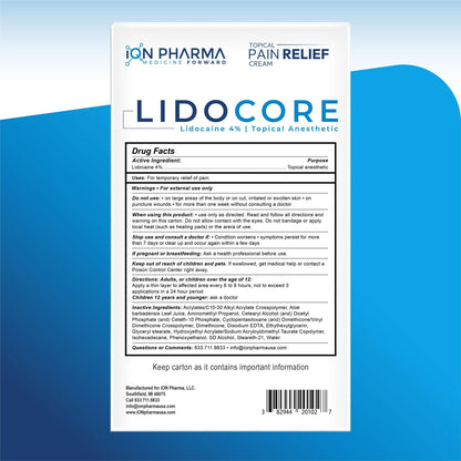 Lidocore Pain Relief Cream with 4% Lidocaine | Maximum Strength OTC | Safe & Compliant formula | Minor cuts, scrapes, insect bites, cold sores | Non-Greasy, Odor-free, Fragrance-Free | 2.7 oz (76.5 g) LidocoreBuy Supplements Australia