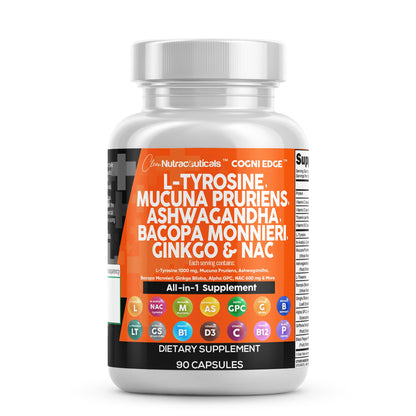 Clean Nutraceuticals L Tyrosine Mucuna Pruriens Bacopa Monnieri Ashwagandha Focus Supplement w/N-Acetyl Cysteine NAC 5-HTP Ginkgo Biloba Alpha GPC Vitamin C D B1 B12 Clean NutraceuticalsBuy Supplements Australia