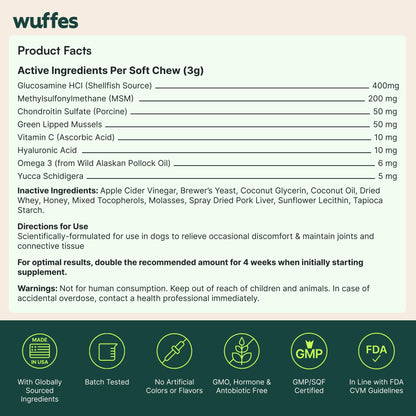 Wuffes Chewable Dog Hip & Joint Supplement - Glucosamine & Chondroitin Chews - Dog Joint Supplements & Vitamins - Extended Joint Care (Small&Medium Breeds (0-65 lbs), 180 Chews (Pack of 3)) WuffesBuy Supplements Australia