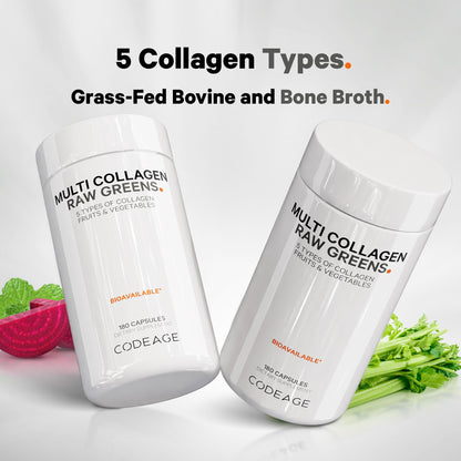 Codeage Multi Collagen Protein + Organic Raw Greens Superfood Capsules Supplement, 21 Fruits & Veggies, Grass-Fed Hydrolyzed Collagen Peptides, 5 Types All-in-One, 180 Count CodeageBuy Supplements Australia