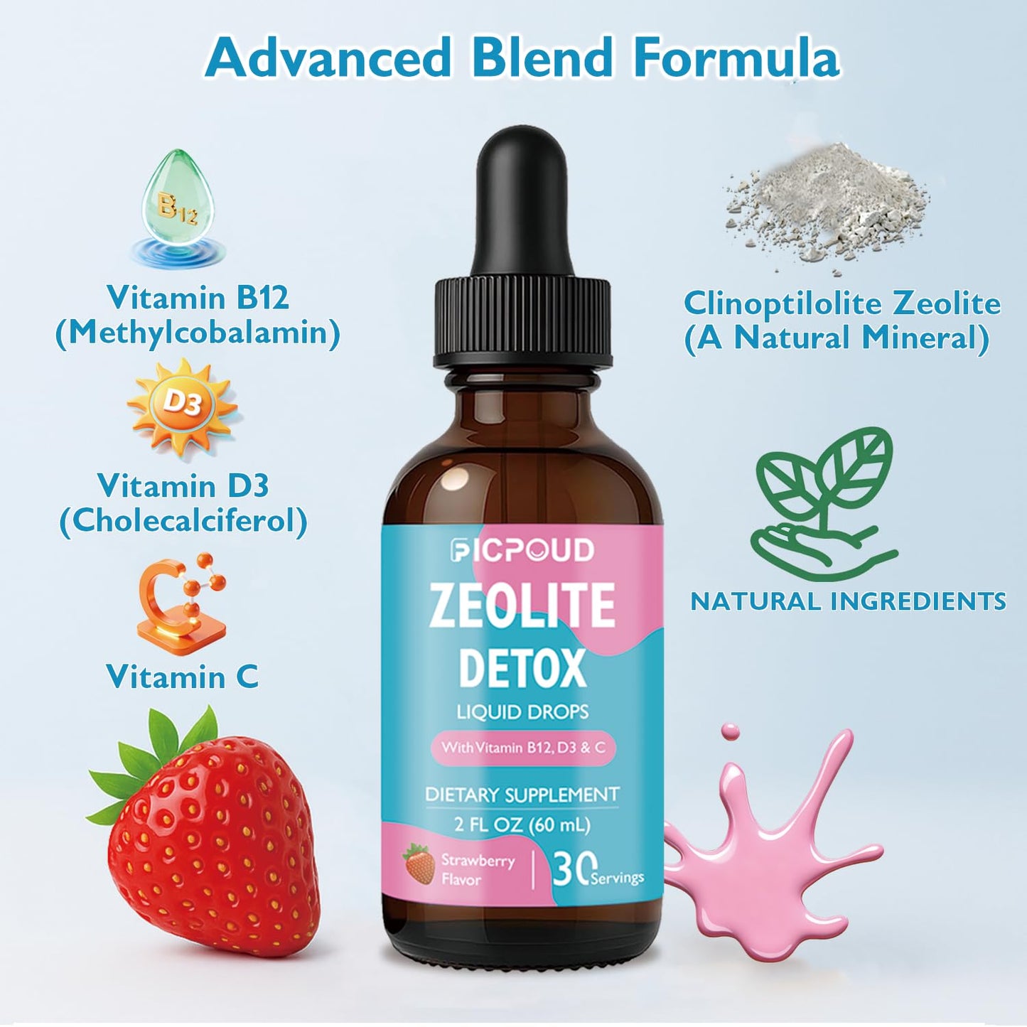 Ficpoud Zeolite Detox for Kids & Adults – Pure Zeolite clinoptilolite Liquid Drops with Vitamin B12, C & D3 – Gentle Daily Cleanse for Gut, Immune, Energy & Speech Support, Strawberry Flavor, 2 Fl Oz FicpoudBuy Supplements Australia