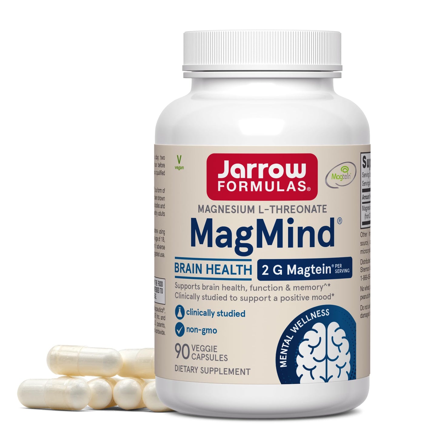 Jarrow Formulas Magnesium L-Threonate, MagMind Magtein Magnesium Supplement, Supplements for Memory Support, 90 Veggie Capsules