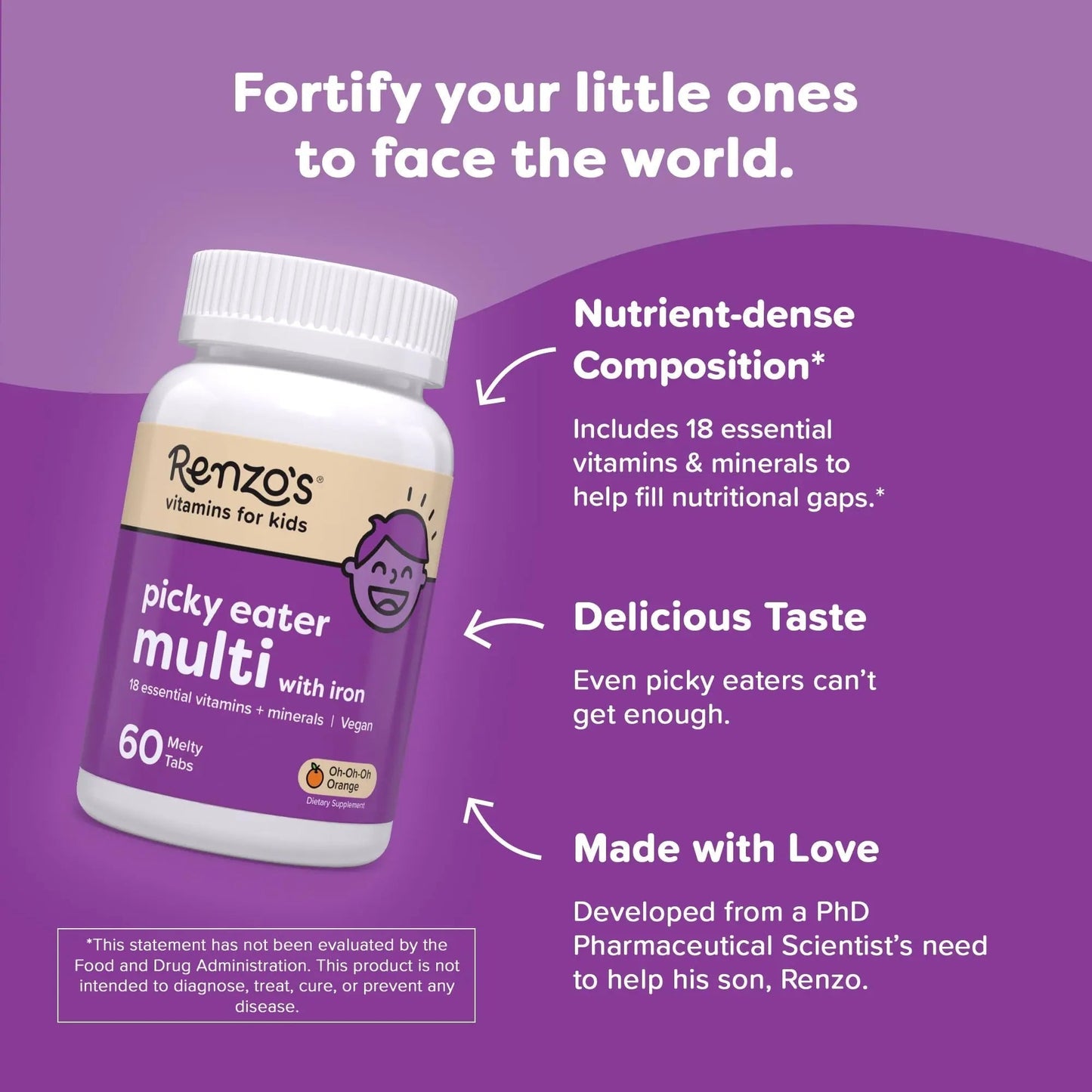 Renzo's Picky Eater Kids Multivitamin with Iron, Dissolving Kids Vitamins with Vitamin D3 and K2 and More, 60 Sugar-Free Melty Tabs Renzo'sBuy Supplements Australia