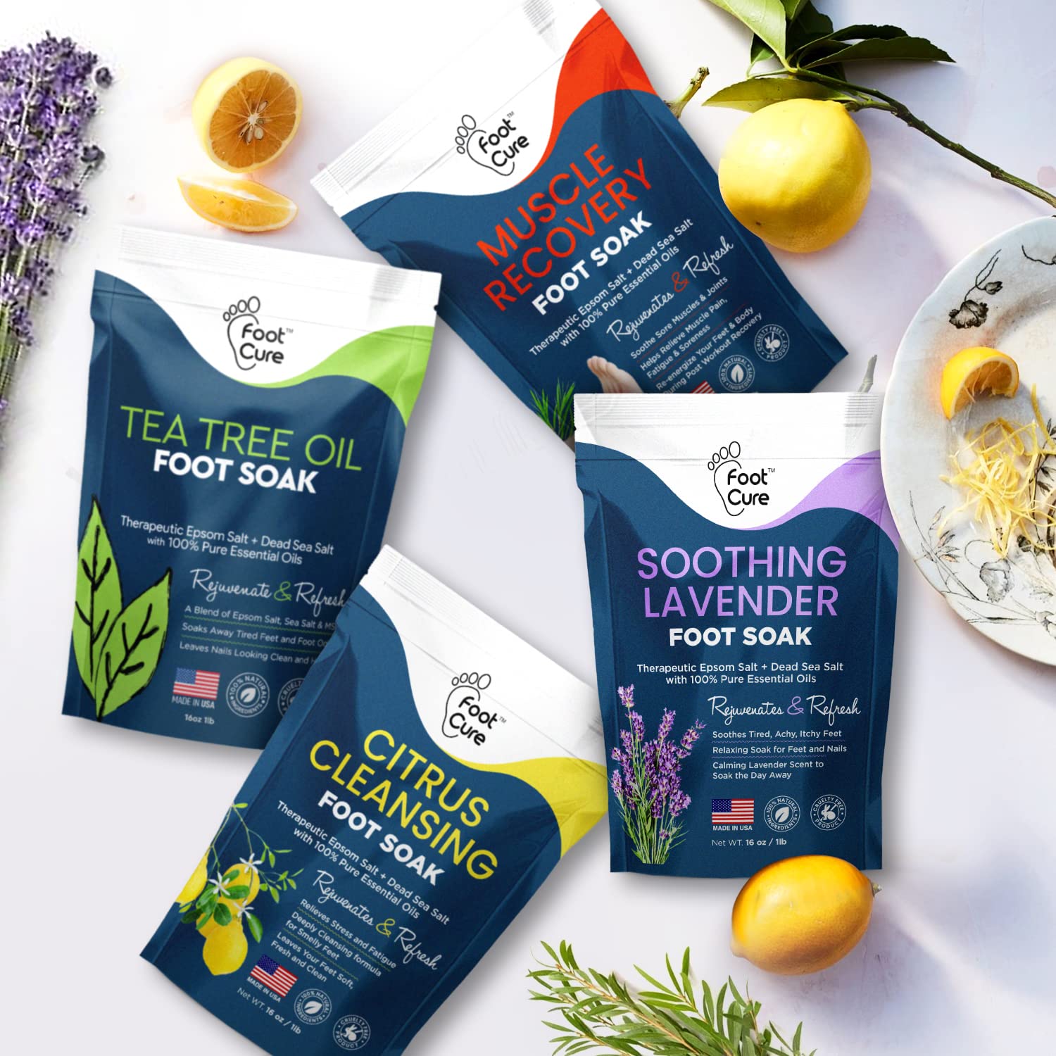 Foot Soak with Epsom Salts- Variety Pack of 4- Tea Tree Oil, Muscle Relief, Calming FOOT CUREBuy Supplements Australia