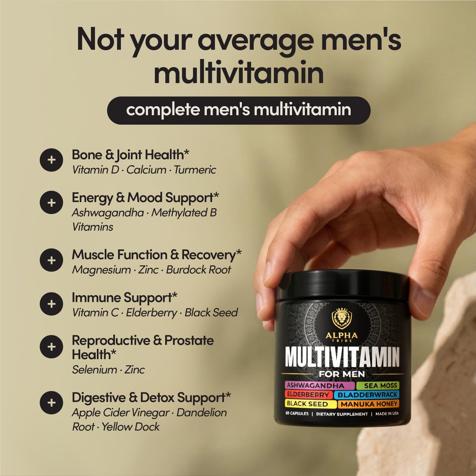 Alpha Tribe Multivitamin for Men with Seamoss Black Seed Oil Ashwagandha Burdock Root, Turmeric Bladderwrack, Vitamin C, Elderberry, Manuka, Yellow Dock | Daily Men's Vitamins and Minerals Supplement Alpha TribeBuy Supplements Australia