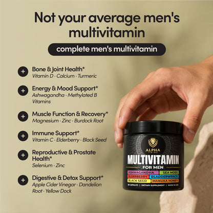 Alpha Tribe Multivitamin for Men with Seamoss Black Seed Oil Ashwagandha Burdock Root, Turmeric Bladderwrack, Vitamin C, Elderberry, Manuka, Yellow Dock | Daily Men's Vitamins and Minerals Supplement Alpha TribeBuy Supplements Australia