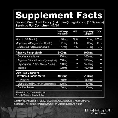 DRAGON PHARMA Mr. Veinz Stim Free Pre-Workout, Extreme Pump & Nootropic Catalyst, Maximize Pumps via Vasodilation & Cell Volumization, Stimulant-Free Formula for Focus (40 Servings, White Dragon)
