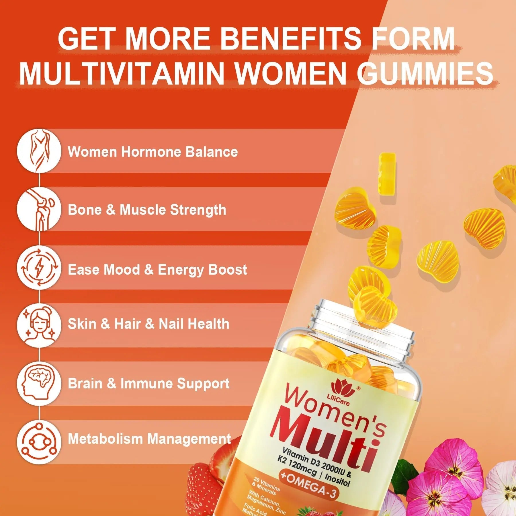 Womens Multivitamin Gummy with Omega 3（DHA/EPA), Vitamin D3 K2, Calcium, Inositol, Daily Womens Vitamin A C E B Complex LILICAREBuy Supplements Australia