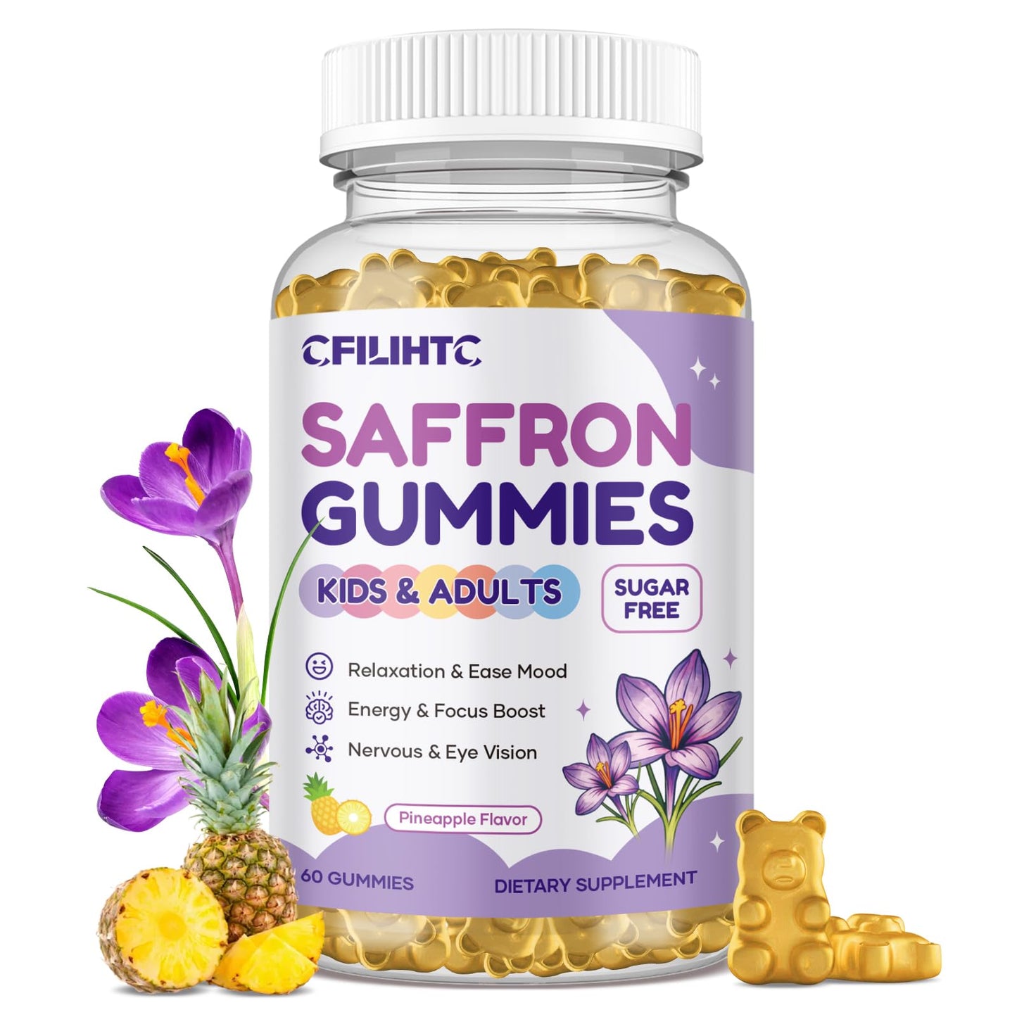Saffron Gummies for Kids & Adults, 20-in-1 Saffron Supplements with 88.5mg Saffron Extract, B6, B12, C, D3, Magnesium for Calm, Focus, Nerve, Sugar Free, Vegan, Non-GMO - Pineapple Flavor, 60 Counts CFILIHTCBuy Supplements Australia