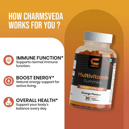 CHARMSVEDA Multivitamin Gummies – Energy, Immunity & Overall Wellness with DHA, Vitamin C, Zinc & Antioxidants – Orange Flavour – 30 Gummies CHARMSVEDA