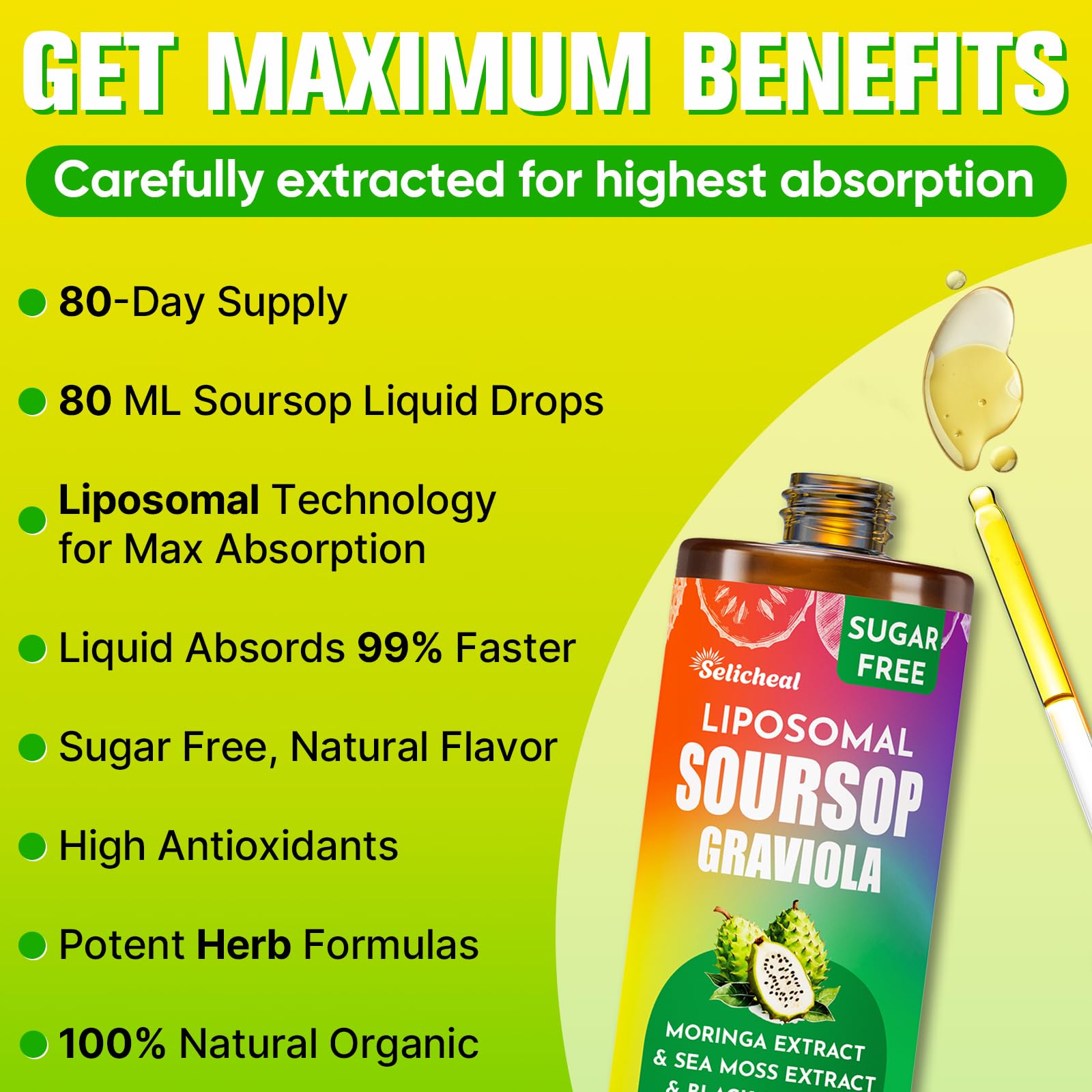 (80ML) Supplement Liquid Drops, 10 in 1 Soursop Multivitamin Drops with Leaf Extract & Sea Moss, for Cell Support & Regeneration, Immunity, Gut, Zzz, Skin & Antioxidant | 2.8 Fl Oz - 80 Days Supply SelichealBuy Supplements Australia