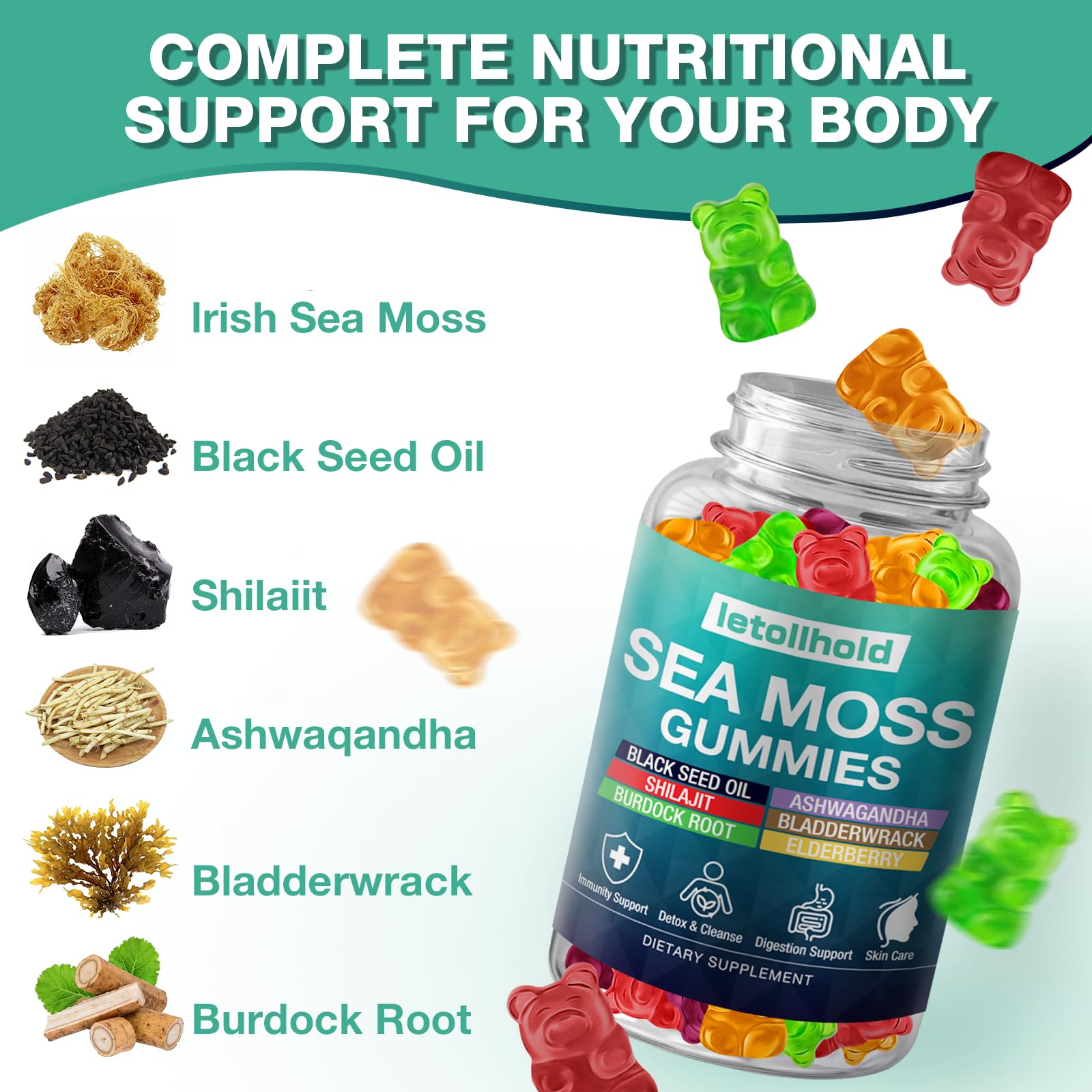 Sea Moss Gummies - Irish Sea Moss Gummies Advanced for Adults with Ashwagandha Bladderwrack & Burdock Root for Supports Immune，Energy - 60 Vegan Gummy,5PCS letollholdBuy Supplements Australia