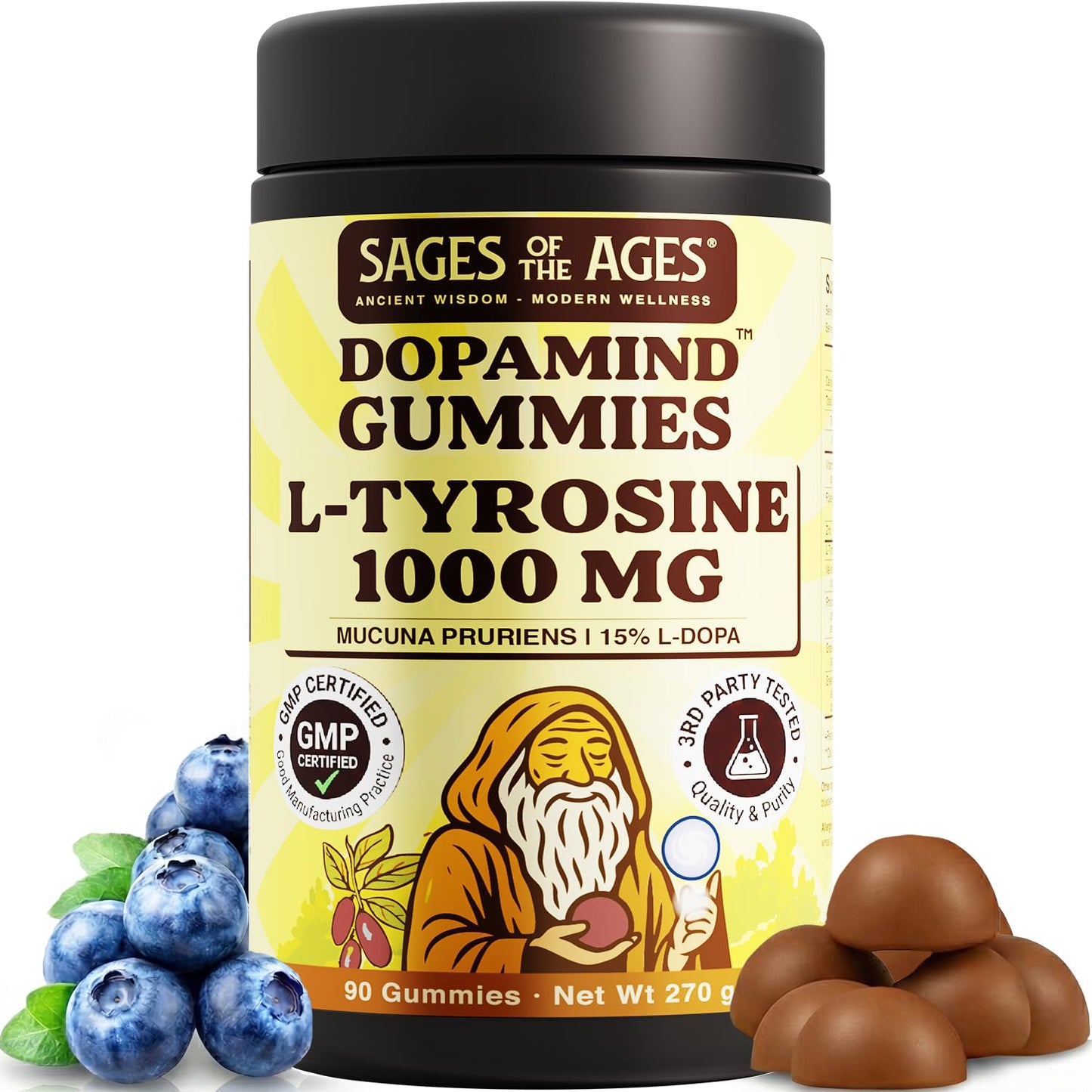 Sages Of The Ages L-Tyrosine Gummies 1000mg – Amino Acid Supplement with Mucuna Pruriens, B Vitamins & Rhodiola – Blueberry Flavor – 90 Gummies Sages Of The AgesBuy Supplements Australia