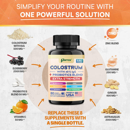 Parrox Colostrum Supplement Capsules, Grass Fed Cow Colostrum with 40% IgG, Probiotics Blend, Elderberry, Astragalus, Zinc, Ginger, Vitamin C, L-Glutamine, 8 in 1 Extra Strength Bovine Boost (60 Caps) ParroxBuy Supplements Australia