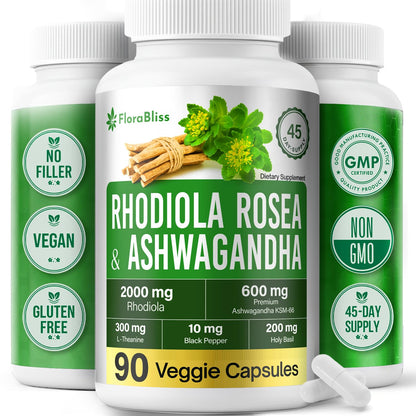 FloraBliss Rhodiola Rosea with Ashwagandha KSM-66, L-Theanine, Holy Basil & Black Pepper - 90 High Potency Vegan Capsules - 45-Day Supply FloraBlissBuy Supplements Australia