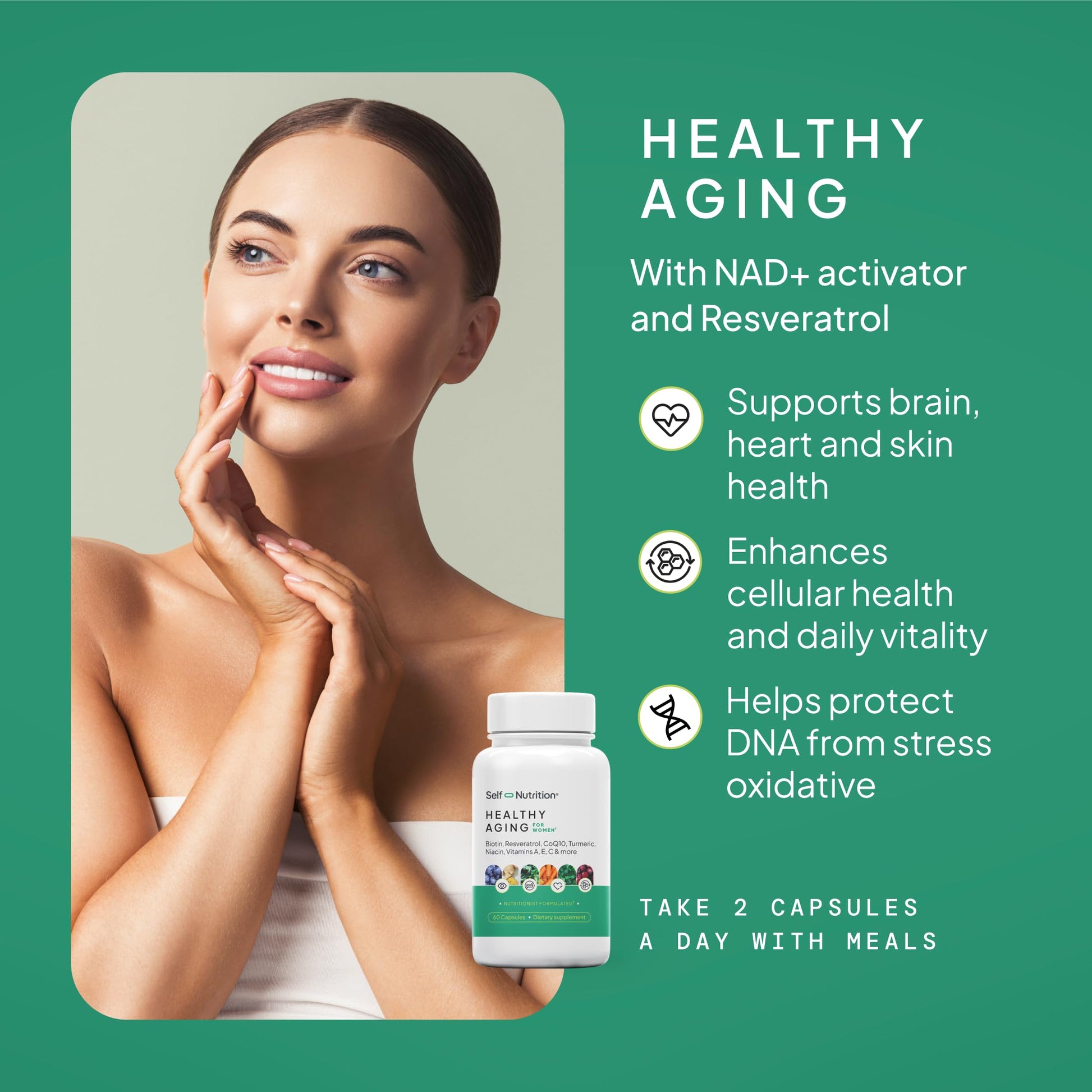 SELF NUTRITION NAD+ Resveratrol Supplement for Women – Healthy Aging Formula with CoQ10, Biotin, Turmeric & Vitamins A, C, E – Supports Energy, Skin & Longevity – 60 Capsules. Made in USA. SELF NUTRITIONBuy Supplements Australia