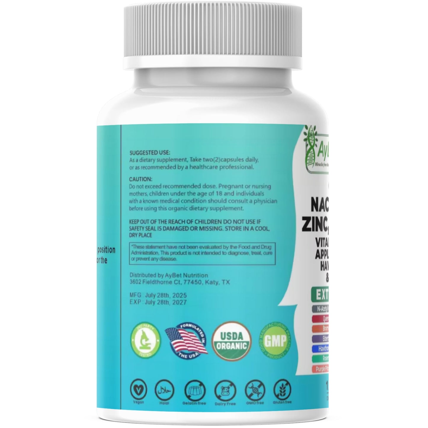 NAC-n-acetyl cysteine- Quercetin Zinc Bromelain Supplement | Extra Strength with Vit C, D3, Apple Cider Vinegar, Elderberry, Hawthorn Berry, Turmeric | Immune Support|120 Vegan Capsules | USDA Organic AyBetBuy Supplements Australia