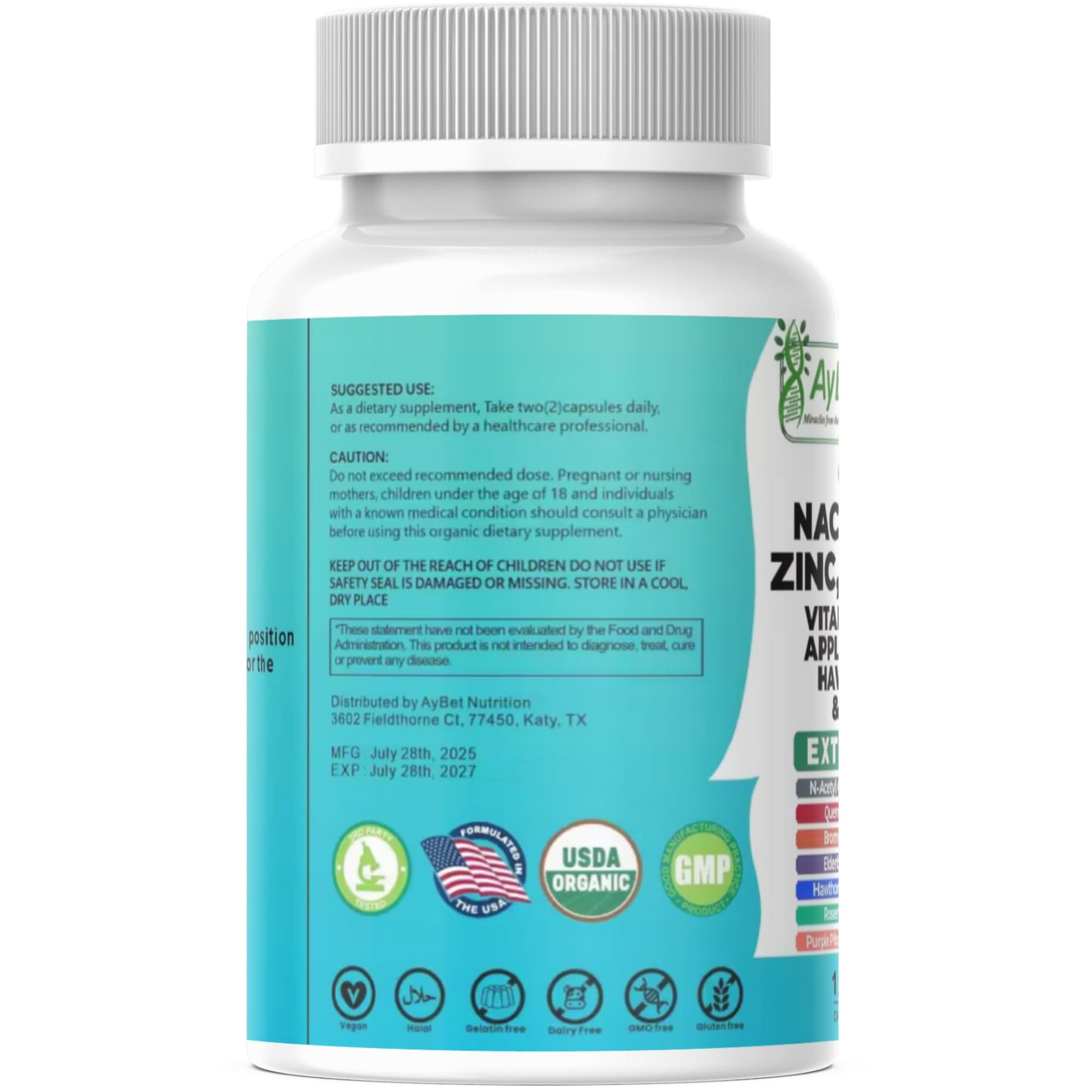 NAC-n-acetyl cysteine- Quercetin Zinc Bromelain Supplement | Extra Strength with Vit C, D3, Apple Cider Vinegar, Elderberry, Hawthorn Berry, Turmeric | Immune Support|120 Vegan Capsules | USDA Organic AyBetBuy Supplements Australia