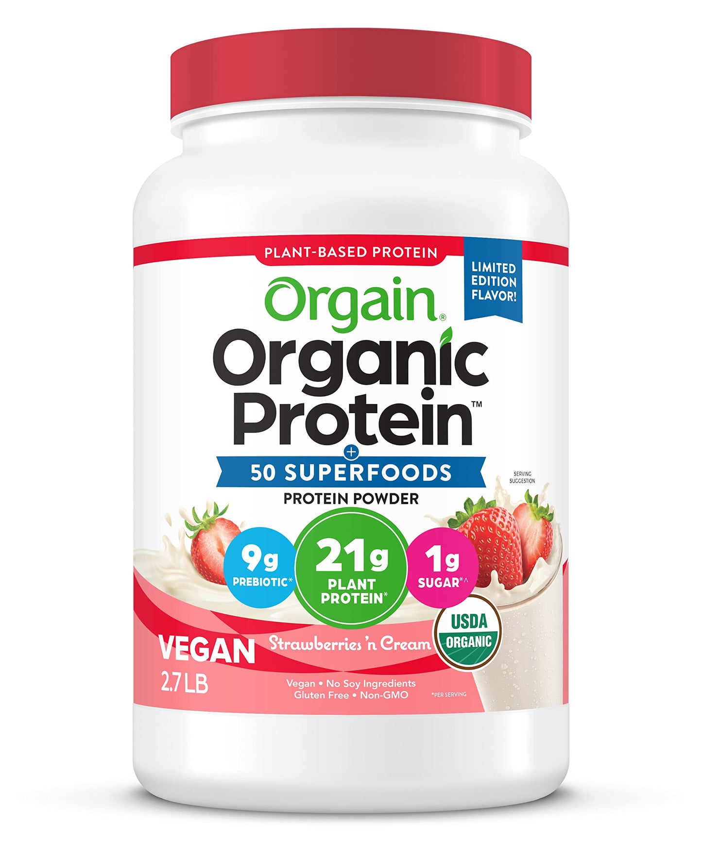 Orgain Organic Vegan Protein Powder + 50 Superfoods, Strawberries and Cream 