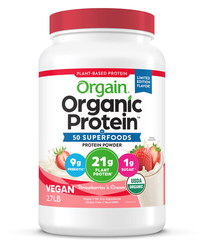 Orgain Organic Vegan Protein Powder + 50 Superfoods, Strawberries and Cream 