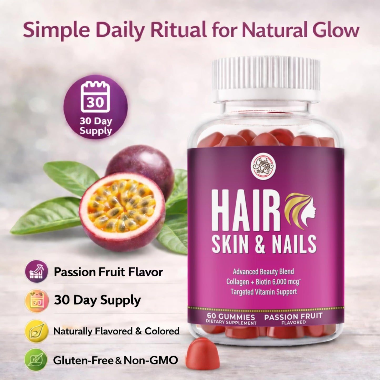 Grab The Gold Hair Skin & Nails Vitamins for Women | Gummies with 6000mcg Biotin & Collagen | 10 Essential Vitamin & Minerals | Gluten-Free, Non-GMO, Passion Fruit Flavor | 1 Month Supply, Made in USA Grab The GoldBuy Supplements Australia