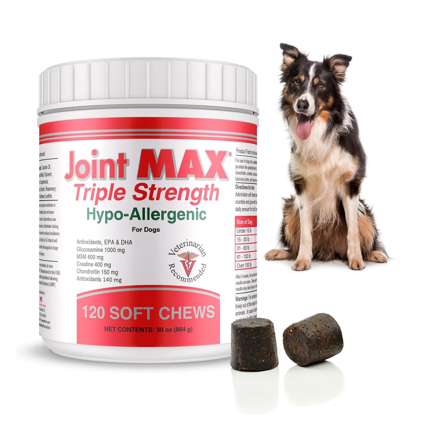 Joint MAX Triple Strength Hypo-Allergenic Soft Chews for Dogs - Hip and Joint Support Supplement with Glucosamine, Chondroitin, & MSM - Made in The USA - 120 Soft Chews Joint MaxBuy Supplements Australia